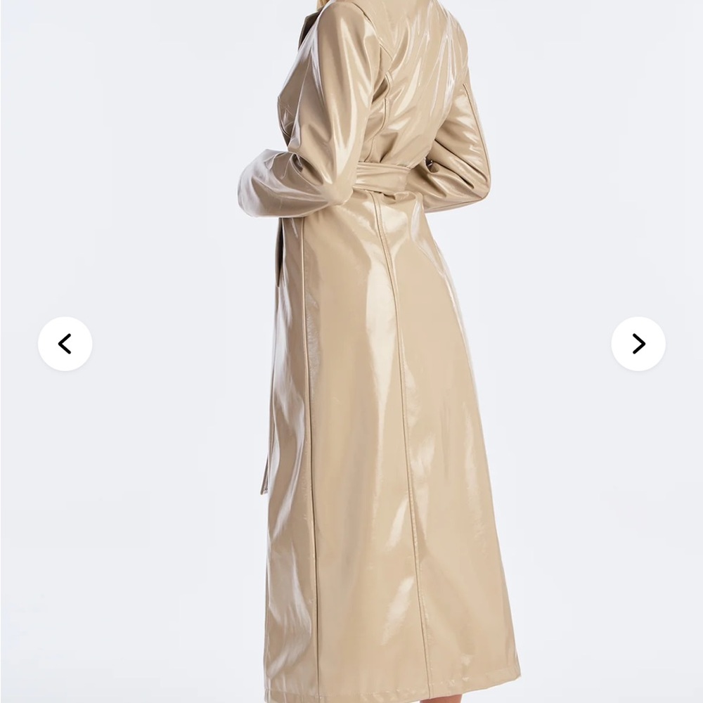 NWT Fashion Nova taupe beige Glossy Beige Leather Trench Coat long maxi xs - Picture 4 of 6